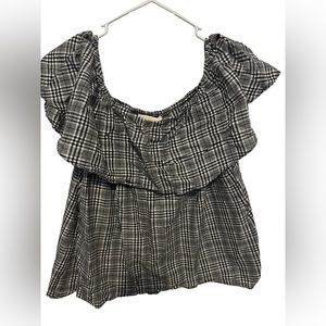 Michael Kors Black Gray White Plaid Check
Off Shoulder Top Blouse Size Large